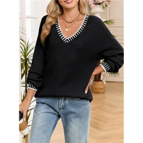 Women's Sweater Casual V Neck Long Sleeve Contrast Knit Pullover - Picture 4 of 6